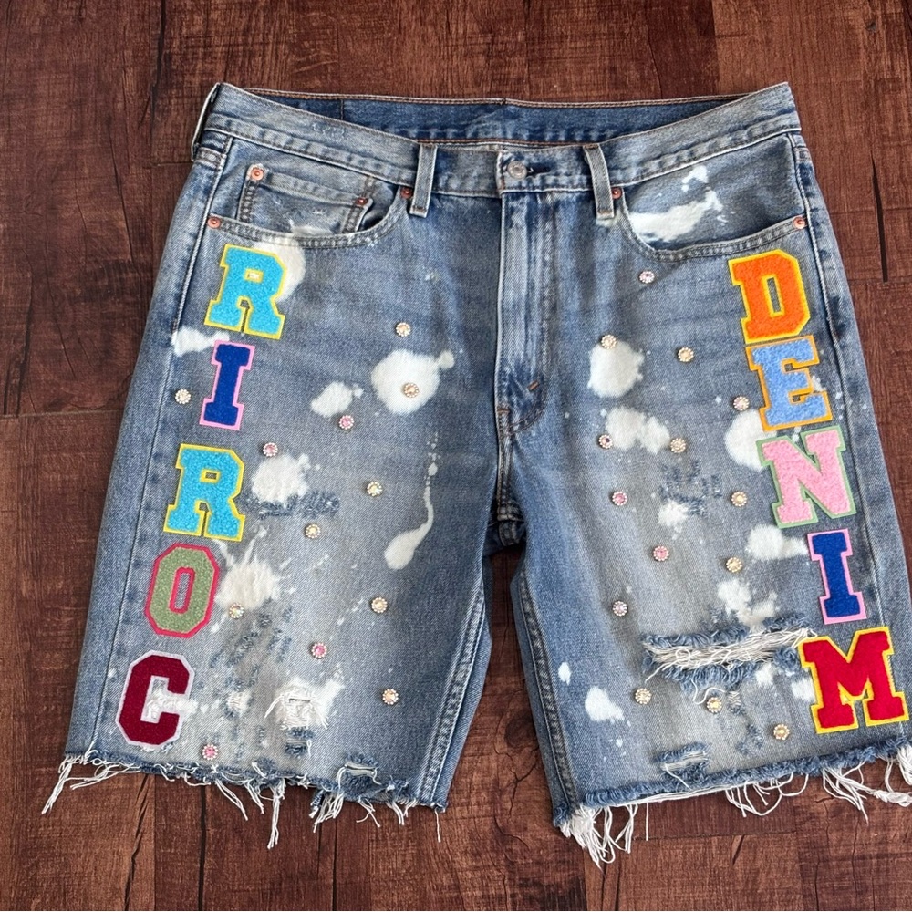 Embroidered Distressed Denim Shorts Custom made by Ri -ROC Levi’s shorts - Picture 8 of 8